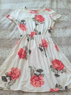 Girls White Dress with Coral Floral Print